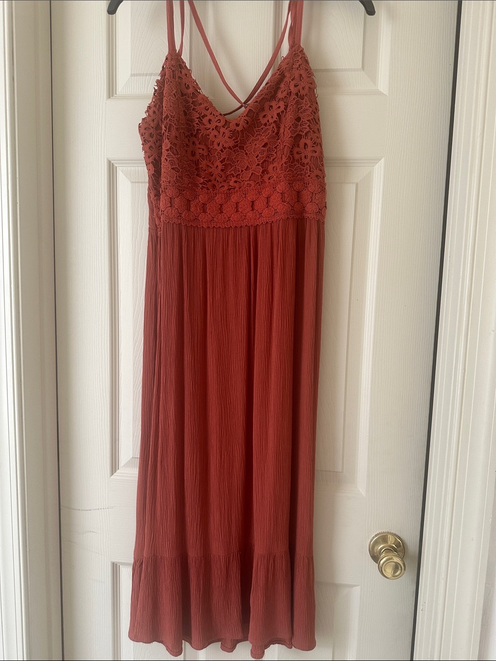 Maurices Rust Red Crochet Bodice Maxi Dress